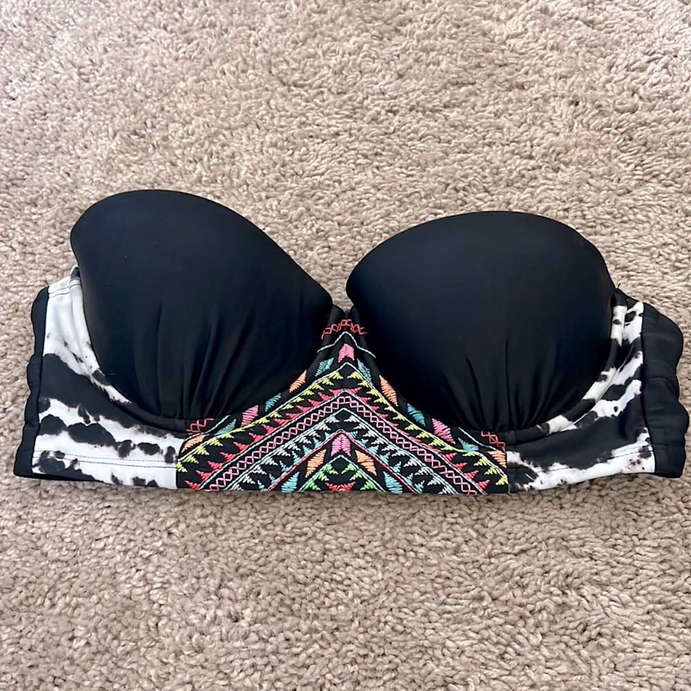 Xhilaration Boho Strapless Bikini Top with Neon Tribal Embroidery & Print